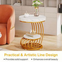 Round End Table, 2-Tier Modern Wood Side Table with Shelf Storage, Faux Marble Sofa Side Bedside Nightstand, Arc-Shaped Frame Accent, Gold & White