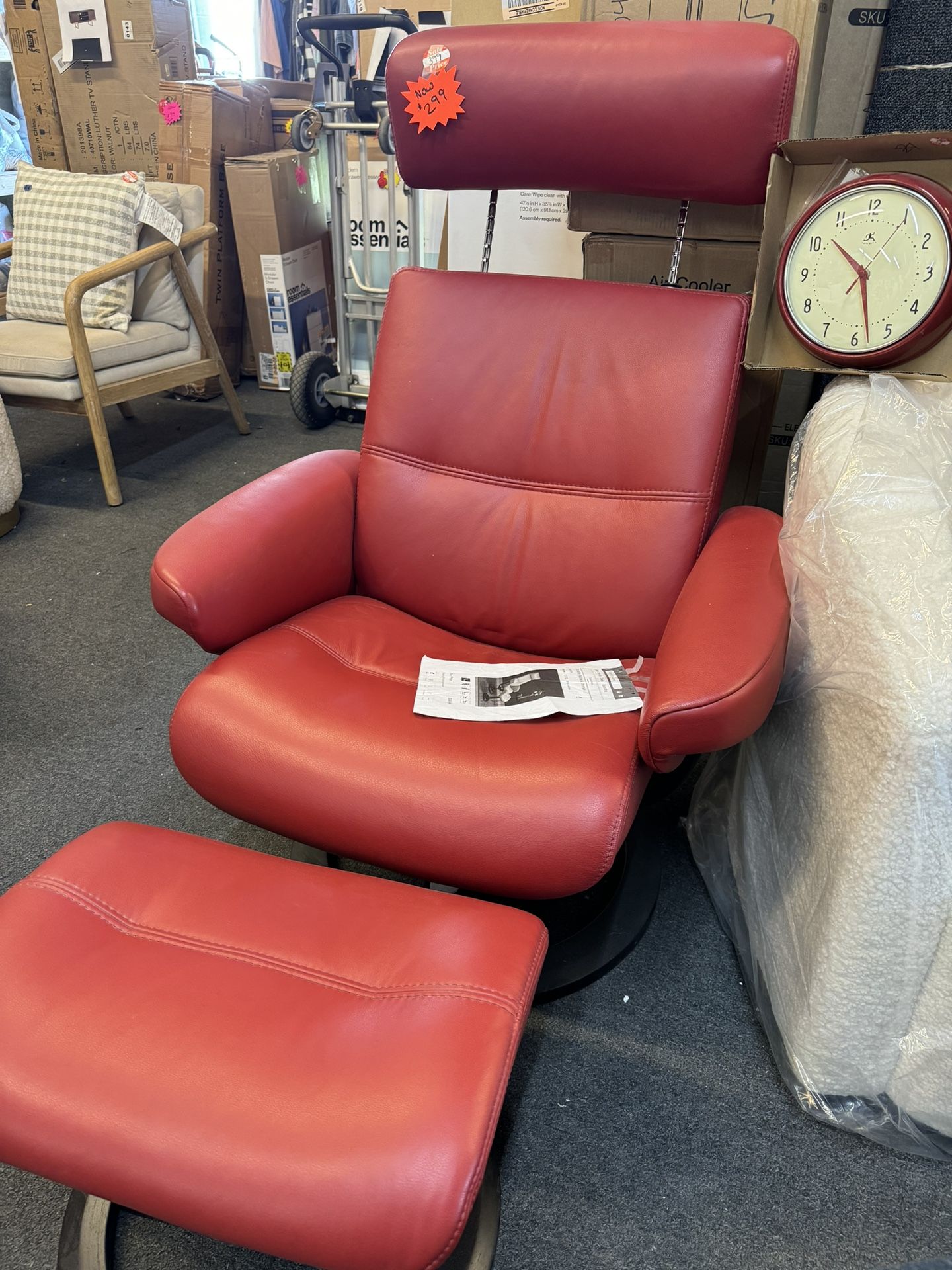 Red Top Grain Leather Recliner With Foot Stool New 