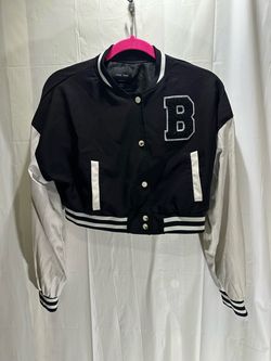 Love Tree Women's M  Black White Varsity Jacket Letter Striped Ribbing Snap Closure