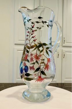 Crystal Clear "Amelia" Floral Pitcher 22K Gold Trim & Hand-Blown Glass