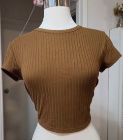 Brown Ribbed Crop Top Short Sleeve