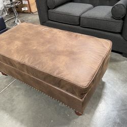 New! Mid-century Nailheads Trim Ottoman, Large Ottoman, Ottoman, Brown Ottoman, Wooden Legs Ottoman, Faux Leather Ottoman, Leatherette Ottoman