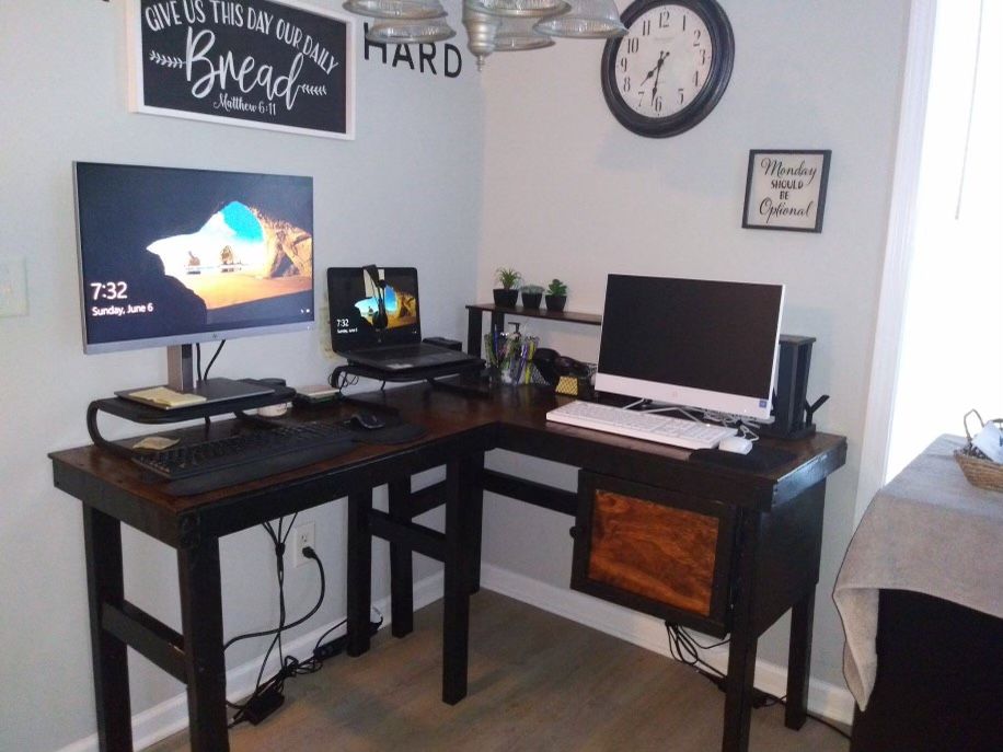 Golden Stain Top L Shaped Desk With Top Shelf And Storage Cabinet