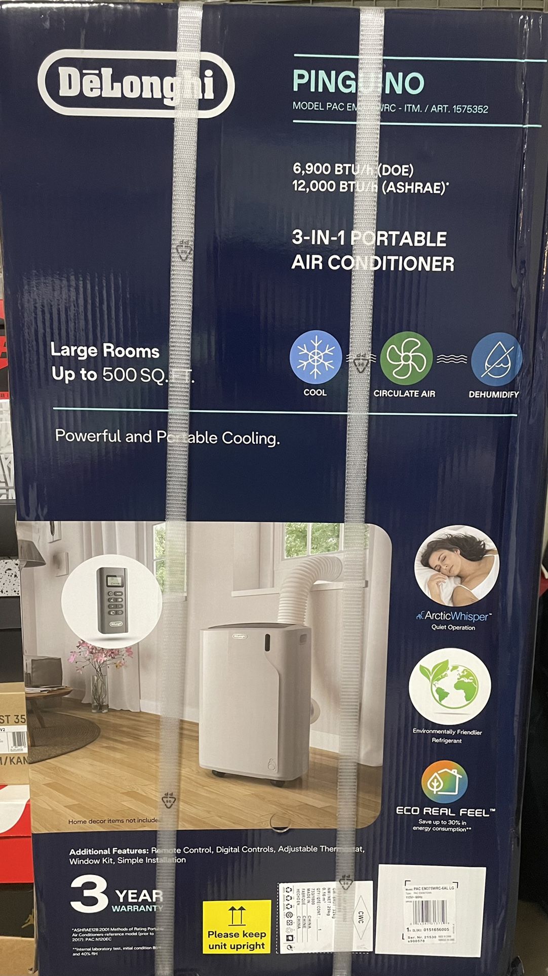 DeLonghi EM375 in Portable AC Air Conditioner, 6900 BTU, 500