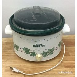 Vintage Rival Crock Pot Model 3154 Green Ivy Purple Flowers And Green Stoneware  Slow cooker In good condition .