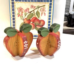 Vtg Apple Decor Lot !  2 Folk Art Handpainted Apple Candle Holders & A French Fruit Apple Wall Art 
