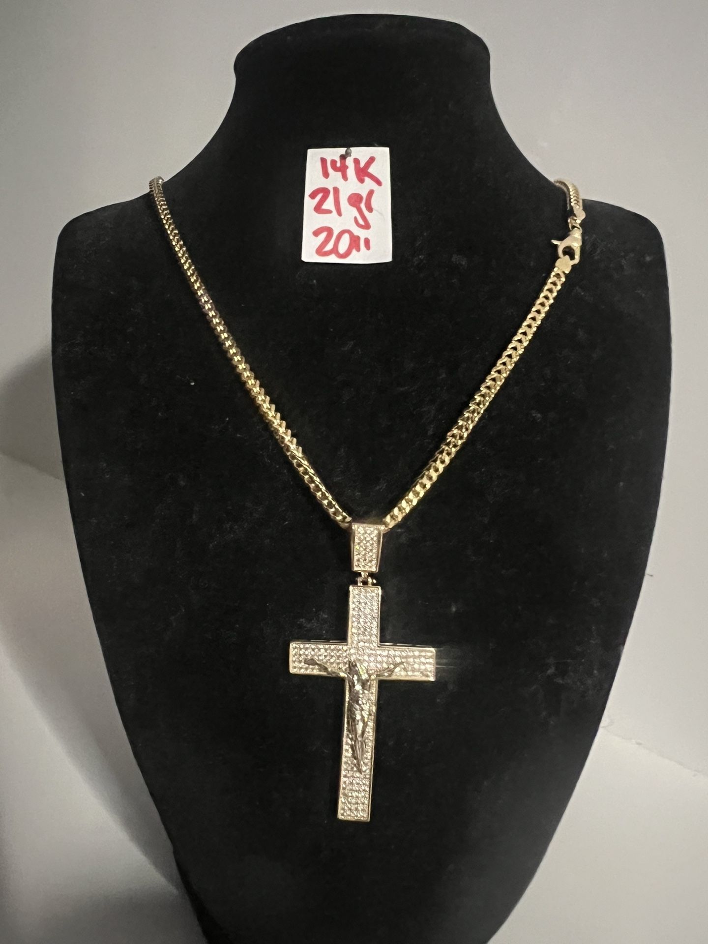 14K Yellow Gold Franco Chain and Pendant CUBIC ZIRCONIUM STONES 21Gr 20 Inches Long 