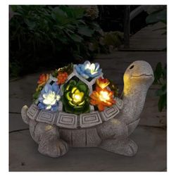 Statues Turtle with Succulent and 7 LED Lights - Lawn Decor Tortoise Statue for Patio, Balcony, Yard Ornament
