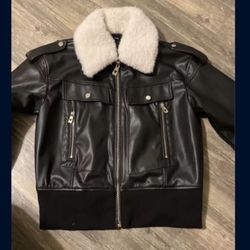 Guess Faux-Fur Collar Bomber Faux-Leather Jacket Size Medium