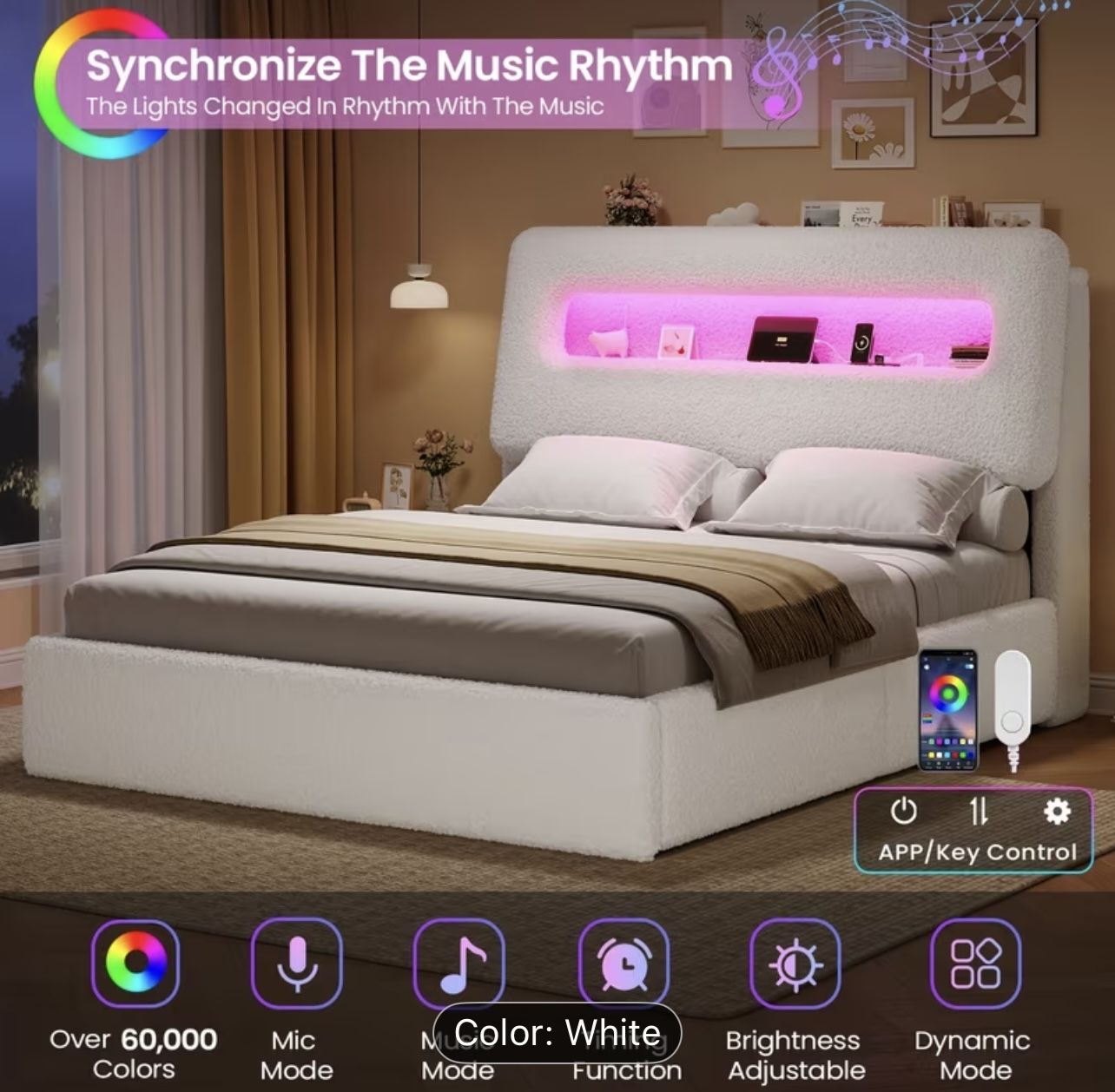 Queen LED bed frame with charging station, 4 drawer, app controlled RGB lighting and headboard storage Brand new