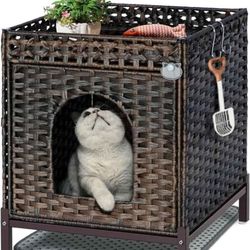 Cat Litter Box Enclosure, Cat Litter Box Enclosure Furniture with Cat Litter Mat, Handwoven Rattan