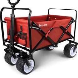 BEAU JARDIN Folding Beach Wagon Cart 300 Pound Capacity Collapsible Utility Camping Grocery Canvas Portable Rolling Buggies Outdoor Garden Sports Heav