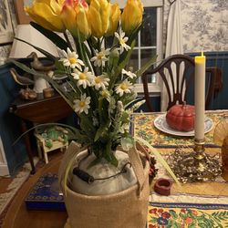 Beautiful Country Primitive Ceramic Antique Whiskey Jug with Artificial Flower Arrangement