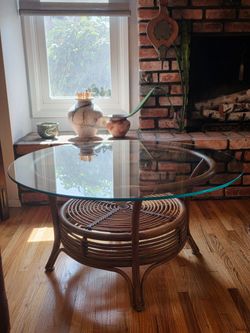 Vintage rattan and glass coffee table