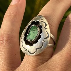 Vintage 40’s Native Southwestern Sterling Concho Turquoise Shadow Box Ring Jewelry Hopi Size 7.5 Estate Find Collectible Rare 