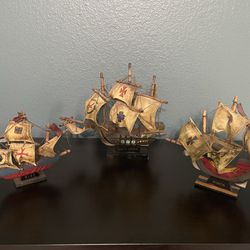 Vintage Wooden Replicas Of The Nina, The Pinta And The Santa Marie