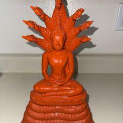 Brass/ 7” wide 12” Tall Brone South Asian Golden Buddha Meditating with Dragon Protector in good condition  