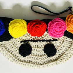 Frida Kahlo Handmade Crochet Clutch Purse Wristlet w/zipper+ strap Bright roses