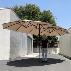 (New) $95 Large 15 FT Double Sided Umbrella Outdoor Patio, Tan color (Weight base not included) 