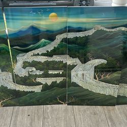Huge Vintage Chinese 4 Panel Mother of Pearl Inlay Great Wall of China, Laquered Wall Panels .