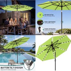 9FT Patio Umbrella with Solar Lights, 32 LED Lighted Pool Umbrella w/Tilt and Crank, Outdoor Market Solar Umbrellas for Garden, Deck, Backyard, 