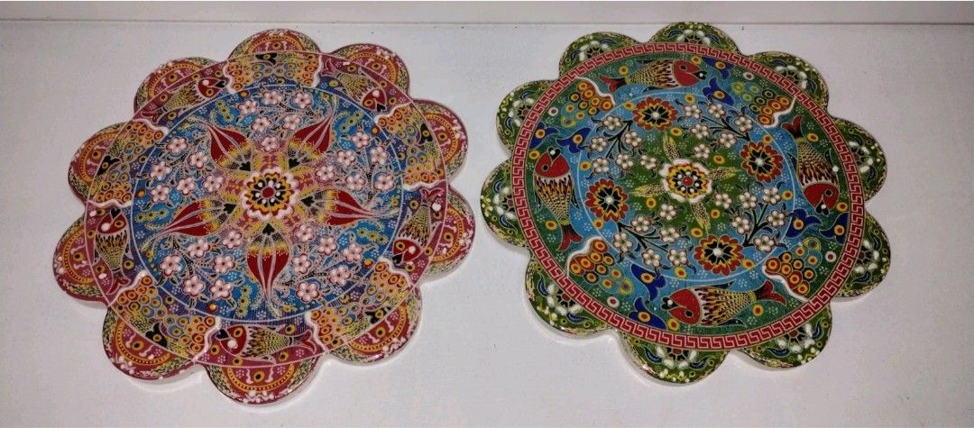 Set Of 2 Hand Painted Raised Detail Tiles