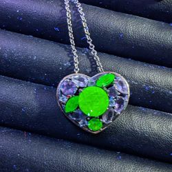 Uranium Glass And Amethyst Heart Shaped Pendant 925 Sterling 