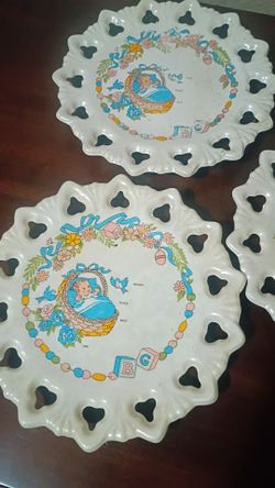 vintage ceramic or porcelain decorative baby birth record plate
