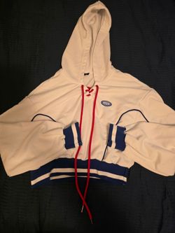 SHEIN White Hooded Cropped Sweatshirt with Blue Trim and Red Drawcords