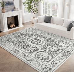 Jinchan Washable Area Rug 6 x 9 Low Pile Bedroom Rug Indoor Grey Floral Print