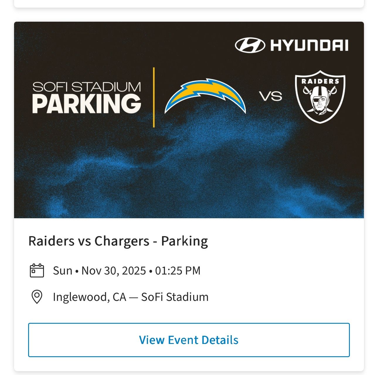 Raiders vs Chargers Tailgating Parking Pass 
