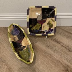 NEW-Two Wine Design Serving Plates With One Stand