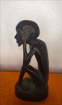 Vintage African Man Statue Sitting & Thinking Ebony Wood Carving 6” Tall