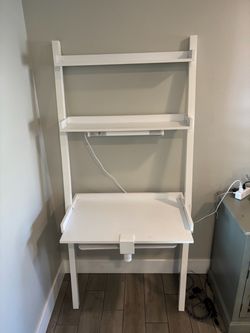 White Leaning Shelf With Computer Desk