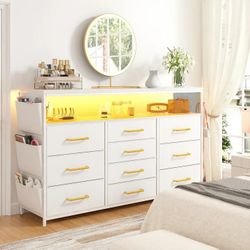 White Dresser TV Stand with Power Outlets &LED Lights&Entertainment Center Wide Dresser for Bedroom with 10 Drawers Side Pockets & Hook Fabric Chest o