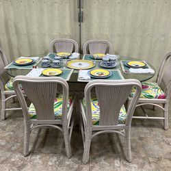6’ Glass And Wicker White Washed Table And Chairs
