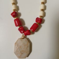 Red Coral Mother Of Pearl Or Style With Large Agate Necklace Pendant 