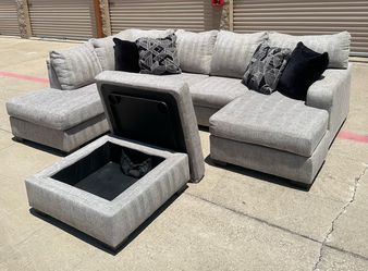 Large Gray Double Chaise Sectional Ottoman Set