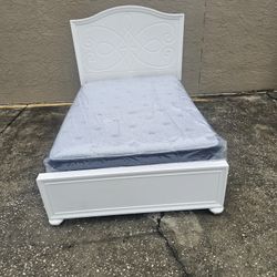 White Full Size Solid Wood Bed Frame With Brand New Full Size Plush Beautyrest Mattress And Box Spring In Plastic 