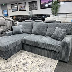 Gray Sofa Sectional w/ Pull Out Sleeper & Storage Chaise 