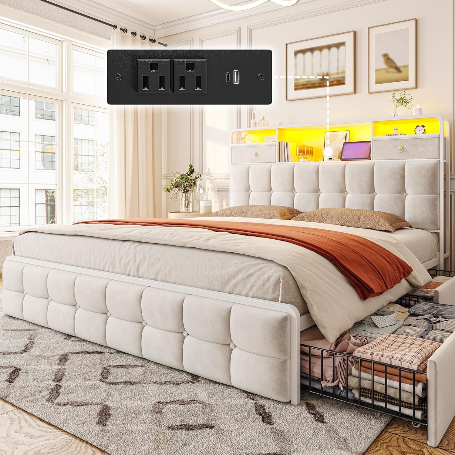 Queen Bed Frame with 4 Storage Drawers and Upholstered Headboard, Bed Frame Queen Size Built in Charging Station and LED Lights, No Noise, No Box Spri