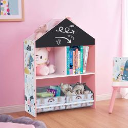 Brand New!Children's Multi-Functional House Bookcase Toy Storage Bin Floor Cabinet with Blackboard, Pink ,CF1866