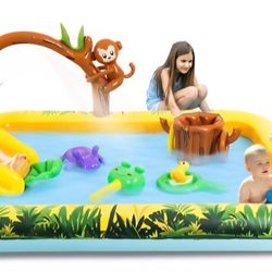 Inflatable Play Center, Inflatable Swimming Pool with Slide, Cartoon Animals Sprinker Toy with Base Pool, Monkey, Tree Stump for Garden Backyard
