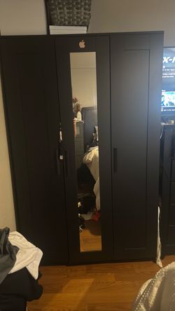Dark Gray 3-Door Wardrobe with Mirror