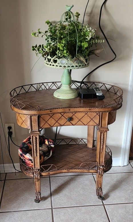 Vintage Cane-Trimmed Two-Tier Accent Table