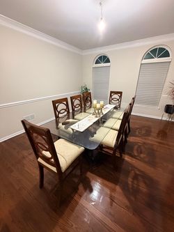 Solid Wood Dining Table with Glass Top 8 Chairs - Excellent Condition