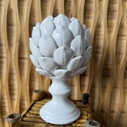 White Gloss Globe Artichoke Statue Finial Pedestal Ceramic Decor Garden Statue Modern Floral Boho 