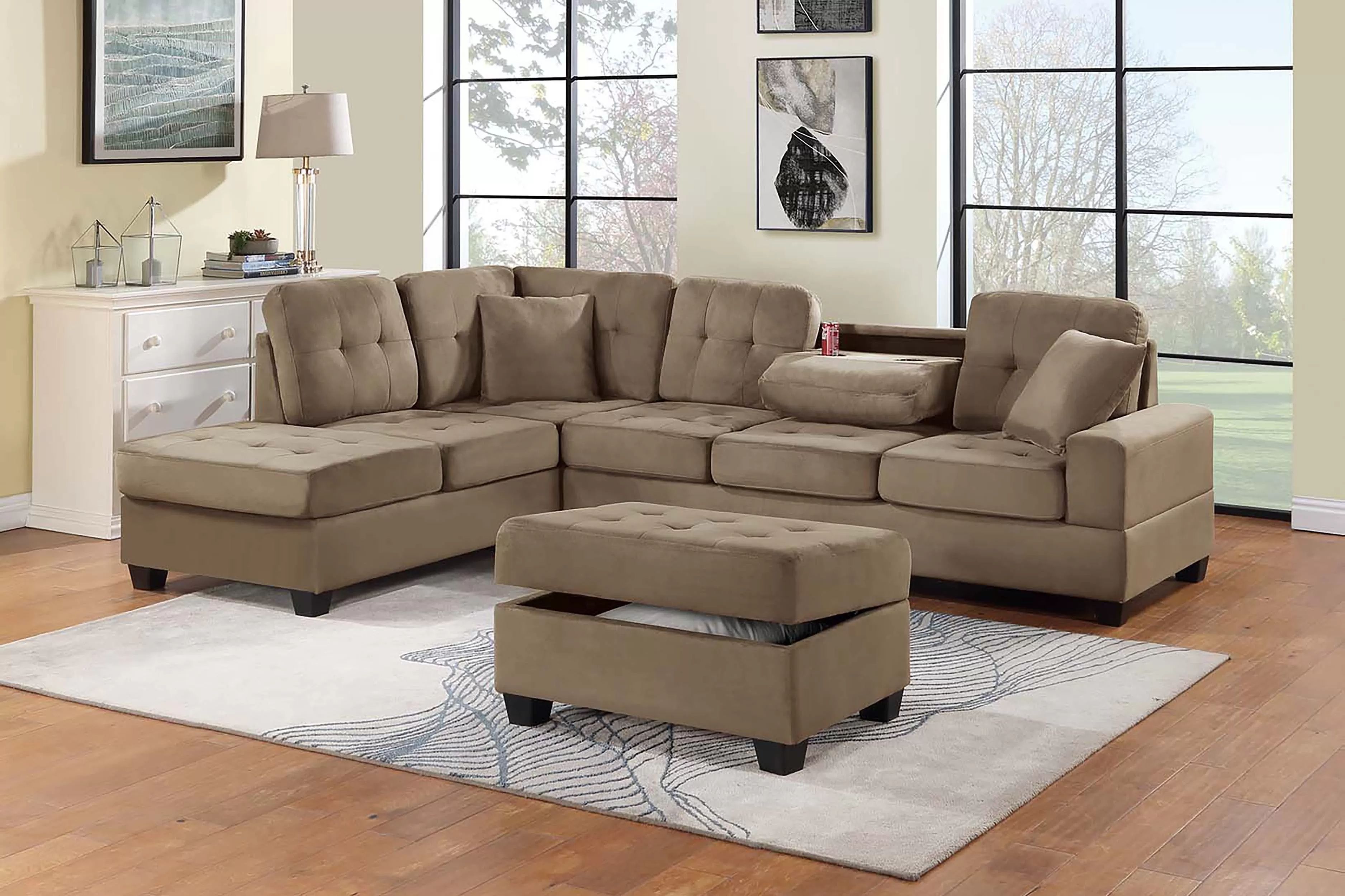 Brand New 111"x80"x35"H gray or brown plush microfiber reversible sectional with cup holder + storage ottoman