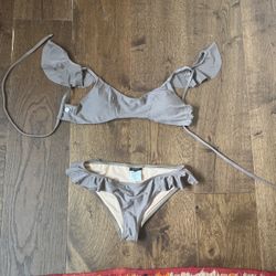 Beautiful Metallic Gray Suit With Ruffle Detail 