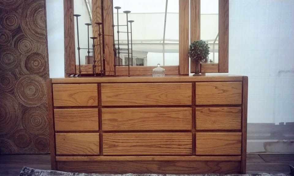 Post Modern Oak Vintage 9 Drawer Dresser With Mirror, Delivery